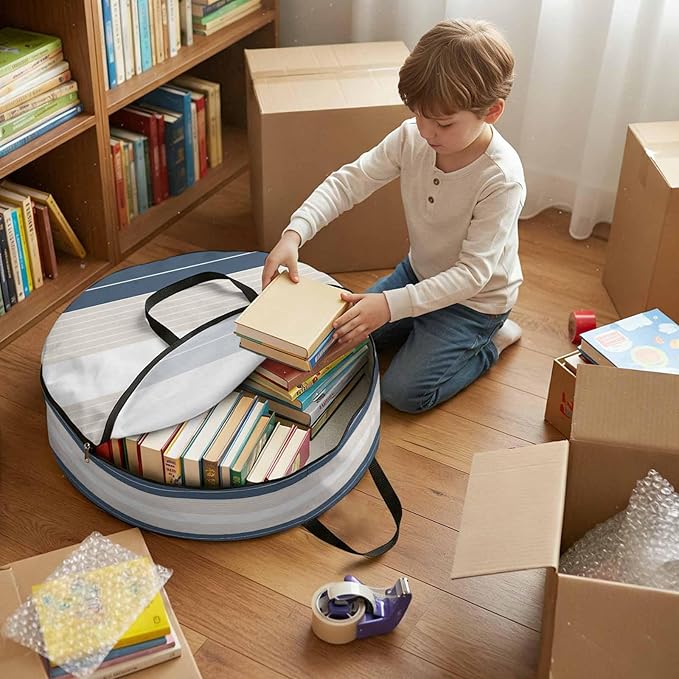 Storage Bag Cream Striped Round Storage Totes Bins Closet Organizers with Zippers & Handle Ombre Blue Stripes Clothes Storage Container for Bedroom Dorm Space Saving Packing Supplies Moving Bags