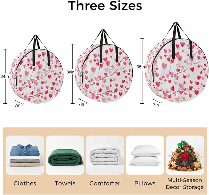Valentine's Day Round Storage Bag 30 Inch, Romantic Watercolor Red Gradient Love Heart Tree Clothes Storage Container with Handles Heavy Duty Organizer for Comforter, Bedding & Holiday Wreaths