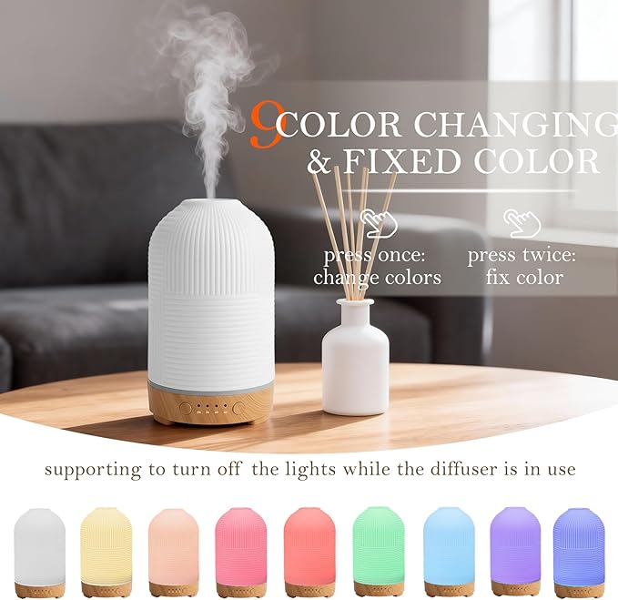 200ml Ultrasonic Essential Oil Diffuser,Aromatherapy Diffuser with 9 Color,2h/4h/6h Time,Ceramic Diffuser Oil Machine,Auto Shut-Off,Aroma Oil Diffusers for Home,Bedroom,Office