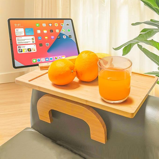 ArtBeek Couch Arm Tray for Large Size Sofa Arm, 12.8 inch Width Bamboo for Sofa Arm Over 11" on Side Table, Foldable Couch Armrest Table with 360° Phone Holder for Eating/Drinks/Snacks/Remote/Control