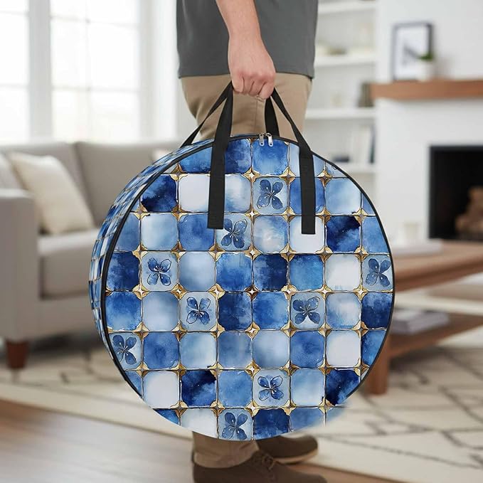 Blue Crystal Flower Round Storage Bag 24 Inch, Irregular Texture Clothes Storage Container with Handles Heavy Duty Organizer for Comforter, Bedding & Holiday Wreaths