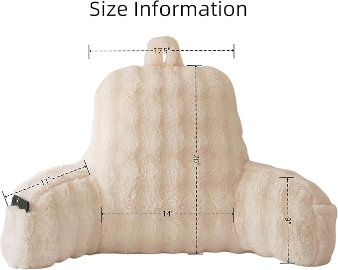 Yaoshuho Faux Fur Reading Pillow for Sitting in Bed, Large Backrest Bed Pillow with Arms, Back Support Pillow for Lounging Bedrest, Beige