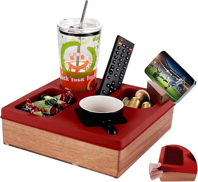 Couch Cup Holder Tray, Silicone Wooden Couch Caddy with Cup Holder for Snacks, Drinks, Remotes, Waterproof Cup Holder for Couch, Organizer, Couch Drink Holder, Easter Gifts (red)