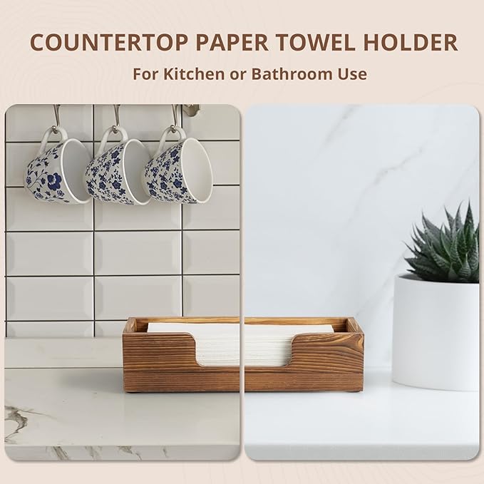 Paper Towel Dispenser Countertop, Burnt Wood Bathroom Paper Towel Holder, Black Napkin Holder for Kitchen, Countertop Multifold C-Fold, Z-Fold, Trifold Paper Hand Towel Dispenser for Toilet