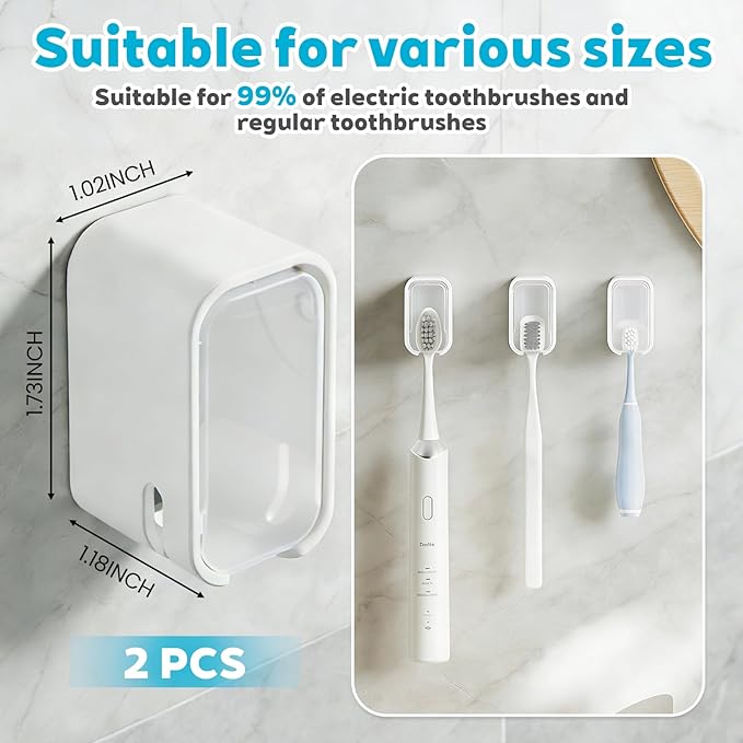 Bathroom Toothbrush Holder 2-Pack, Wall-Mounted with Cover, Single Toothbrush Storage Organizer, Suitable for Home and Travel (Clear)