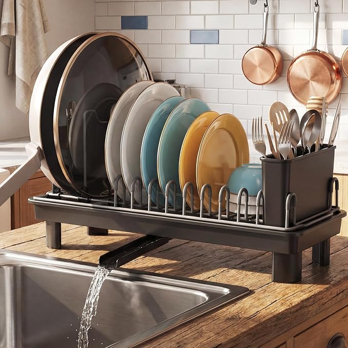Small Dish Drying Rack Carbon Steel Dish Rack Rustproof for Kitchen Counter Compact Dish Drainer with Adjustable Slots for Small Kitchens & Apartments 16.5×6.5×7inch Black