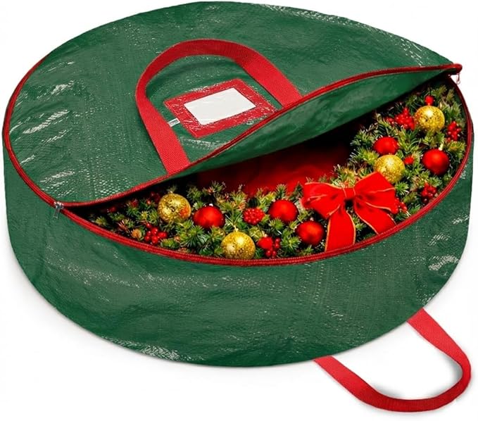 ZOBER Christmas Wreath Storage Container 36 Inch - Wreath Bag for Artificial Wreaths Box - Dual Zippered Wreaths Storage Bag with Strong Durable Handles - Green