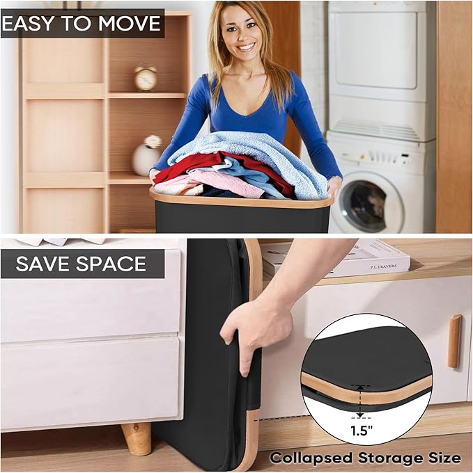 BALEINE Laundry Hamper with Lid, Tall Laundry Baskets with Bamboo Pull Handles, Large Laundry Bin with Internal Support (36 Gal/140L, Black)