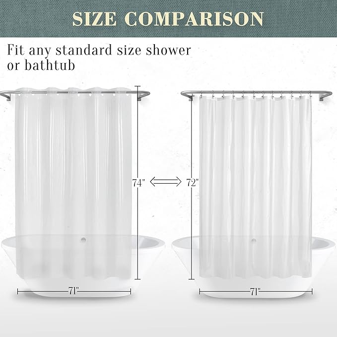 No Hook PEVA Shower Curtain or Liner - 8G Heavy Duty Clear Bathroom Shower Curtain No Hooks Required, Waterproof Plastic & PVC Free, Standard Size 71 x 74, Clear
