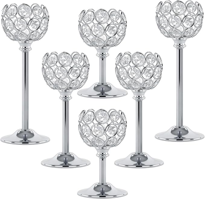 Crystal Candle Holders 2 Set of 6 - Sliver Vintage Hollow Ball Candle Stand for Table Centerpiece, Crystal Metal Tealight Candlestick for Wedding, Dining Room Decor