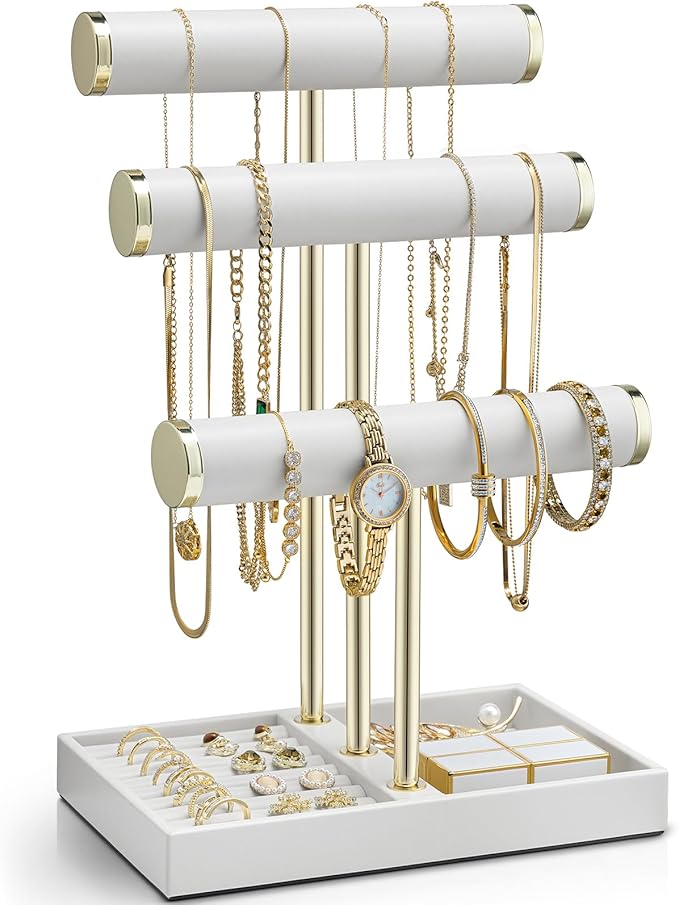 VLANDO 3 Tier Bracelet Holder Organizer with Tray - Mothers Day Gifts Leather Jewelry Stand Organizer for Mom - Jewelry Holder Display for Necklace, Watches, Rings, Earrings, Bangle, Scrunchie - White