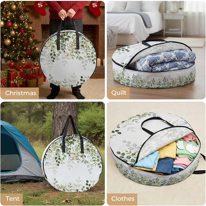 Storage Bag Sage Green Eucalyptus Leaves Round Storage Totes Bins Closet Organizers with Zippers & Handle Berry Branch Nature Plant Clothes Storage Container for Bedroom Space Saving Packing Supplies