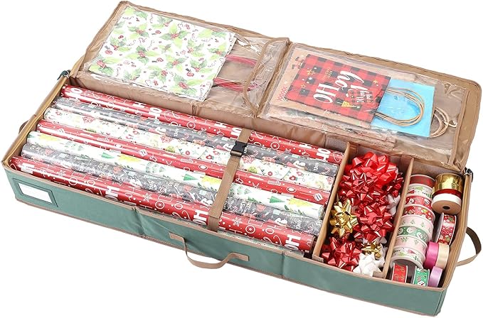 Sattiyrch Wrapping Paper Storage,600D Canvas Gift Wrap Paper Holder,Holds up to 20 Rolls,42W x 14D x 5H (Green)