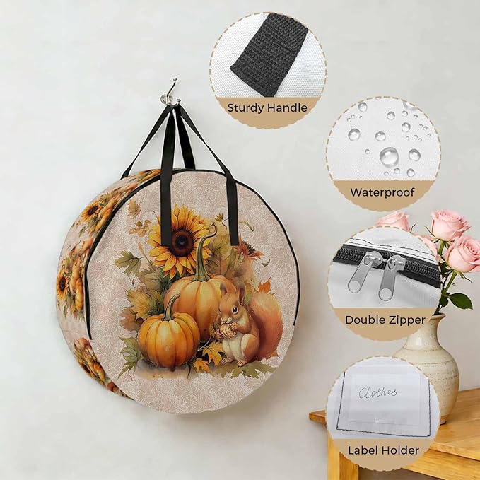 Thanksgiving Sunflowers Round Storage Bag 36 Inch, and Pumpkin with Squirrel Beige Clothes Storage Container with Handles Heavy Duty Organizer for Comforter, Bedding & Holiday Wreaths