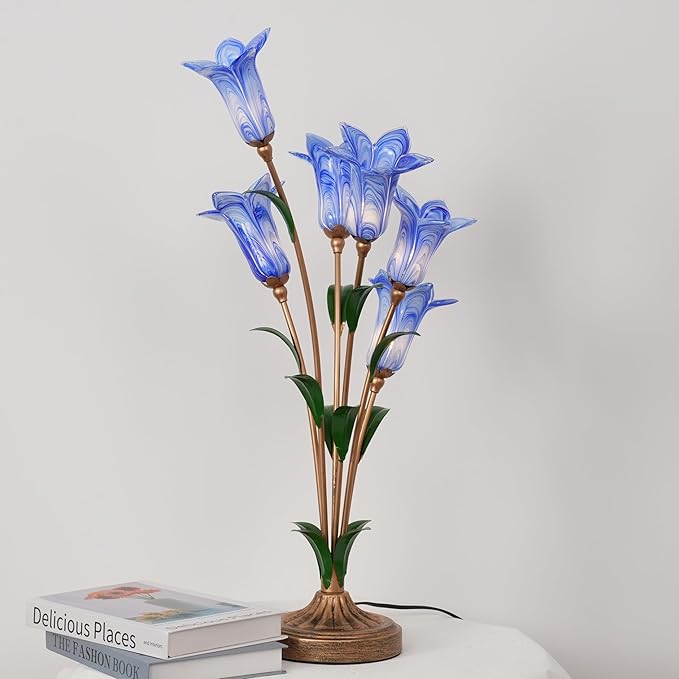 Skyblaze Classic Style Table Lamp with Flower Glass Shade, Elegant Flower Night Light, Art Deco Accent Table Lamp for Bedroom Living Room (Blue, 6 Lights)