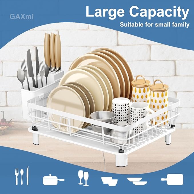 GAXmi Dish Drying Rack Over The Sink Drainer with Drainboard Utensil Holder, 1-Tier White