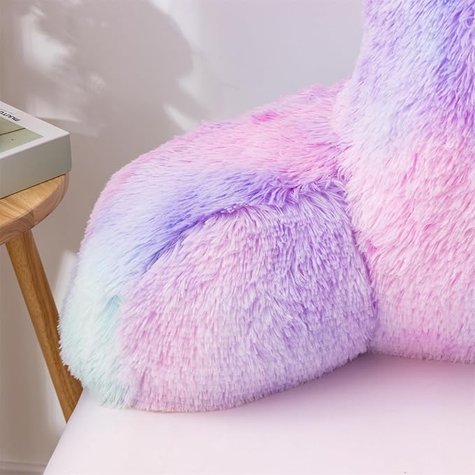 A Nice Night Faux Fur Reading Pillow Bed Wedge Children Backrest with Arms Back Support for Sitting Up in Bed/Couch,Tie Dye BluePurple,Standard