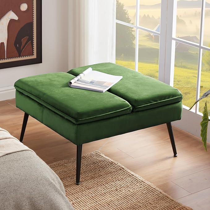 Square Ottoman with Storage, Large Oversized Ottoman Coffee Table, Double Flipping Lid & Mid-Century Modern & Velvet Style, Loads 660 lb, for Living Room, Bedroom, Entryway, Green