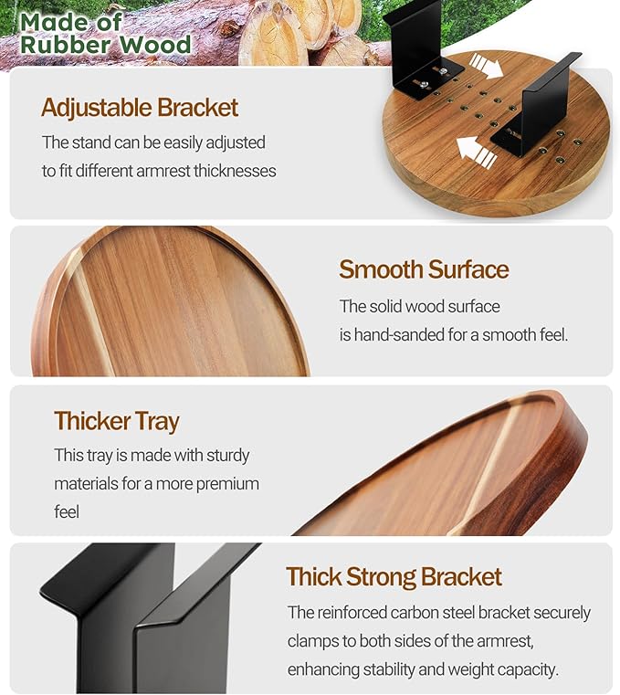 Acacia Wood Couch Arm Tray Table,Anti-Slip Adjustable Round Sofa Arm Tray,Wooden Armrest Caddy Table for Couches,Arm Chair Companion for Drinks Cellphone TV Remote Snacks