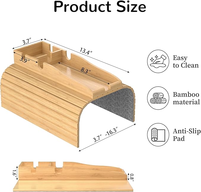 Korser Couch Armrest Table, Sofa Arm Tray with Removable Cup Holder, 2 in 1 Anti-Slip Armrest Tray Table for Couch, Bamboo Foldable Couch Cup Holder for Drinks Snacks Phone Remote Control