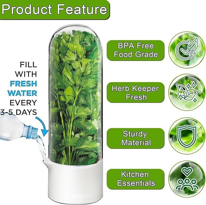 Herb Keeper for Refrigerator, Herb Saver Cilantro Containers for Refrigerator, Fresh Herb Keeper for Cilantro, Parsley, Asparagus, Mint, Keeps Greens Vegetables for 2-3 Weeks