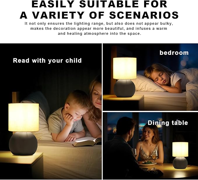 Modern Small Table Lamp Set of 2, Minimalist Nightstand Bedside Lamps with One-Button Inline Switch, 10.4 Inch Desk Light for Bedroom, Living Room,Including Light Bulb（Grey）