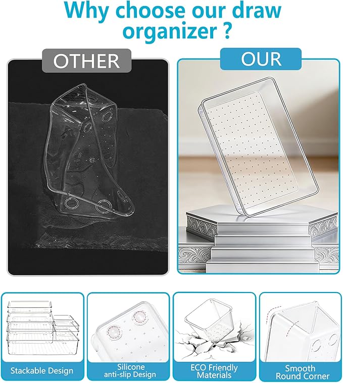 Clear Drawer Organizers Set of 44, 4-Size Vanity Organizer Trays, Stackable Bathroom & Desk Drawer Organizer for Makeup, Jewelry, Kitchen Utensils, Office Supplies and Small Gadgets Storage