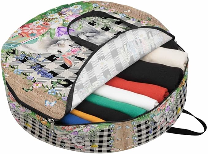 36 Inch Round Storage Bag 1 Pack,Farm Easter Blossom Flowers Bunny Waterproof Wreath Storage Container with Handles&Zipper Black White Buffalo Tartan Closet Organizer Bags Garland Box