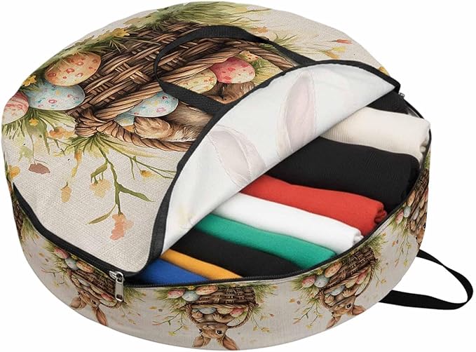 36 Inch Round Storage Bag 1 Pack,Watercolor Bunny Easter Egg Flower Waterproof Wreath Storage Container with Handles&Zipper Farm Grass Basket on Flax Closet Organizer Bags Garland Box