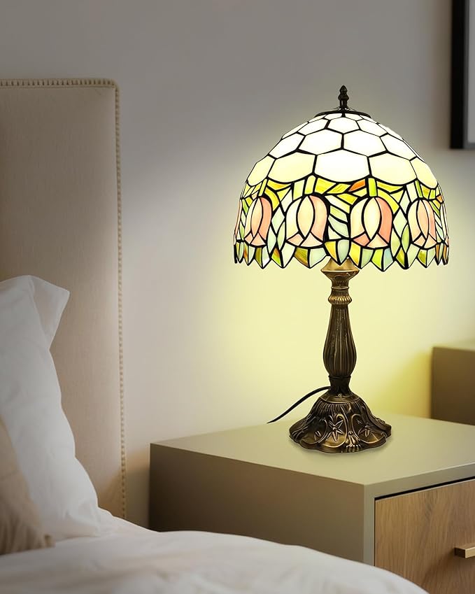 Tiffany Lamp Stained Glass Lamp Pink Tulip Bedroom Table lamp Reading Desk Light for Bedside Living Room Office Dormitory Dining Room Decorate Housewarming Gift 12X12X18 Include Light Bulb