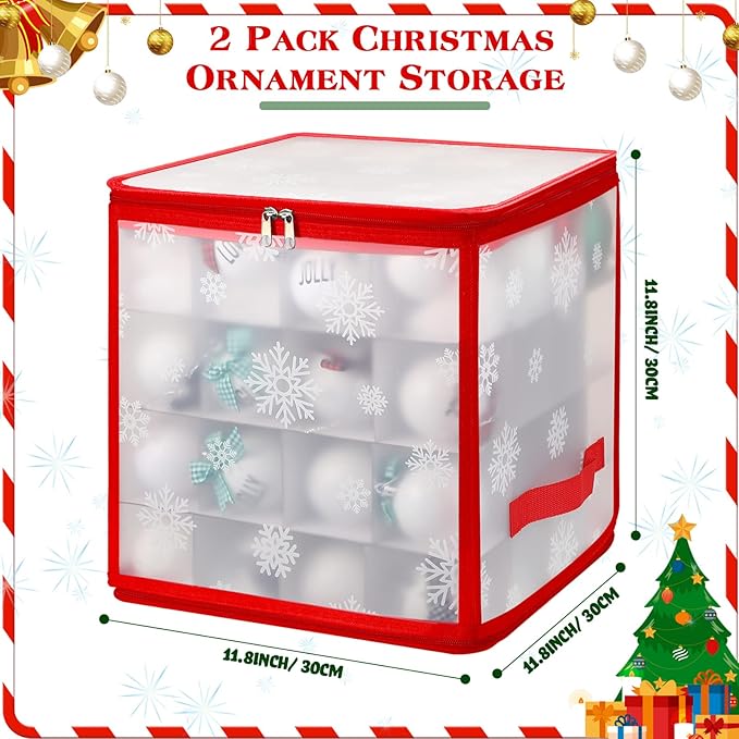 Saintrygo 2 Pcs Christmas Ornament Storage Box Christmas Storage Containers with 64 Compartment Zippered Bauble Vinyl Plastic Ornament Box with Handles, 12 Inch(Snowflake Style)