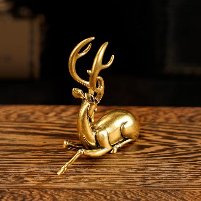 CHOVY Retro Handcrafted Nostalgic Deer Statue - 100% Solid Brass Body & Genuine White Copper Horns | Elegant Tabletop Decor, Vintage Desk Ornament, Unique Gift for Nature Lovers