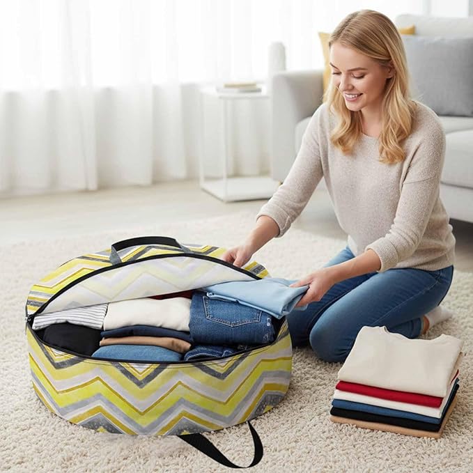 Storage Bag Yellow Grey Chevron Round Storage Totes Bins Closet Organizers with Zippers & Handle Geometric Design Stripe Clothes Storage Container for Bedroom Dorm Space Saving Packing Supplies Bags
