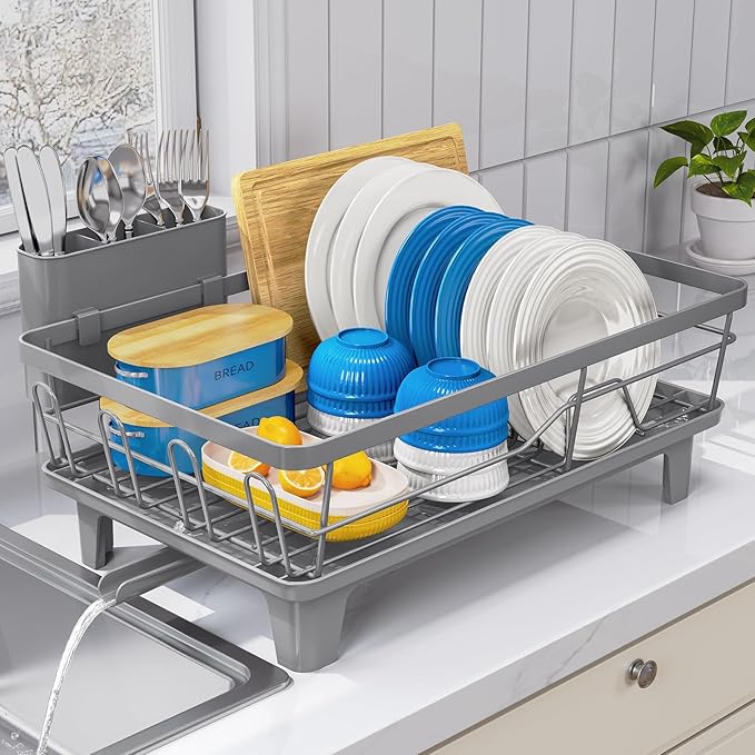 Urackify Dish Drying Rack for Kitchen Counter, Sink Dish Rack with Drainboard 12.2" W x 16.5" L, Large Dish Drainer with Cutlery Holder, Home Countertop Plate Dryer Storage Rack, Gray