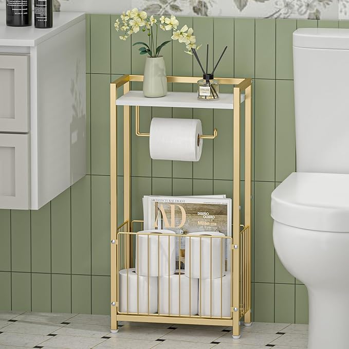 Toilet Paper Holder with Storage Shelf - Freestanding Roll Dispenser for Bathroom, Bathroom Organizer for Tissues and More Gold