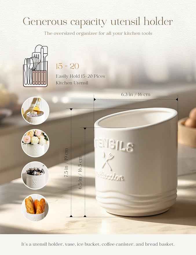 AISBUGUR Large Ceramic Utensil Holder: 7.5" H×6.3" W with Slanted Mouth - Utensil Crock with Non-Slip Cork Base for Kitchen Counter, Ideal for Decor & Gift, White