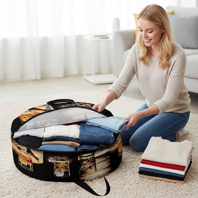 Storage Bag Whisky Glass Round Storage Totes Bins Closet Organizers with Zippers & Handle Wine Old Fashioned Wood Grain Clothes Storage Container for Bedroom Dorm Space Saving Packing Supplies Bags