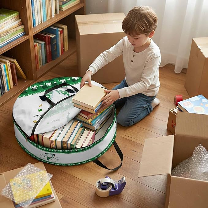 36 Inch Round Storage Bag 1 Pack,St. Patrick's Day Dwarf and Gold Coin Waterproof Wreath Storage Container with Handles&Zipper Clover Buffalo Checker Closet Organizer Bags Garland Box