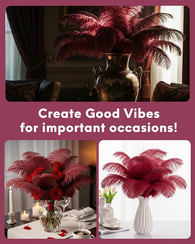 30pcs Wine Red Ostrich Feathers Natural Bulk 11-14inch(28-35cm) Vase Craft Wedding Home Party Centerpieces Christmas Day Decoration