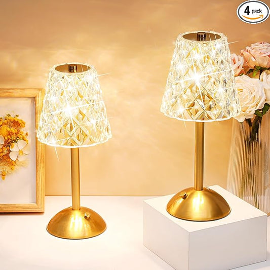 Liliful 4 Pcs Cordless Table Lamp Rechargeable Touch LED Small Gold Portable Battery Operated USB-c Desk Lamp 3 Color Dimmable for Bedroom Living Room Dining (Gold,Diamond Style)
