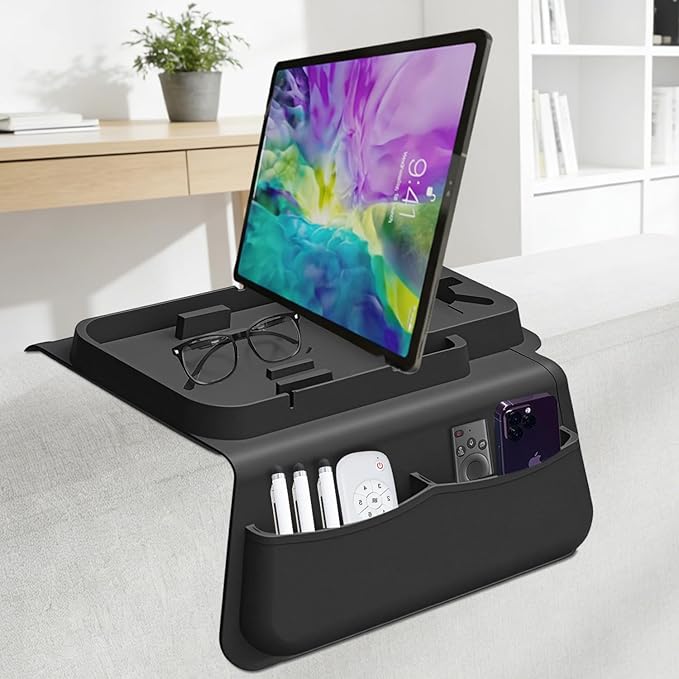 Silicone Couch Cup Holder Tray with Tablet & Phone Stand, Anti-Slip Sofa Arm Organizer with Dual Side Pockets for Remotes, Snacks, Headphones, Glasses, Drinks (Black)