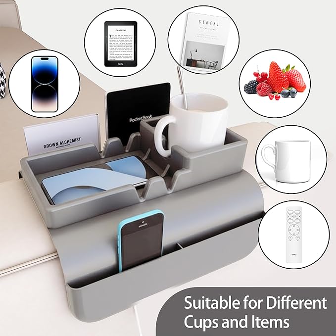 Couch Arm Cup Holder - Silicone Sofa Armrest Tray with 5 Side Pockets, Anti-Slip Armrest Recliner Armchair Caddy, Sofa Table Organizer for Drinks Tablet Remote Snacks Cellphone Cup (Grey)