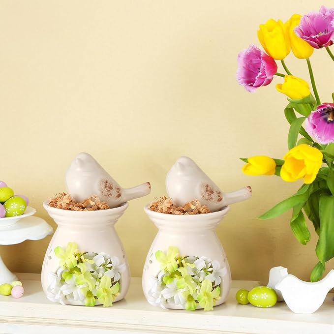 2 Set Birdhouse Ceramic Table Decor Ceramic Birds Figurines Centerpieces with Bird and Flower Ornament Rustic Farmhouse Spring Summer Decor for Shelf Mantel Desk Decoration Housewarming Gift