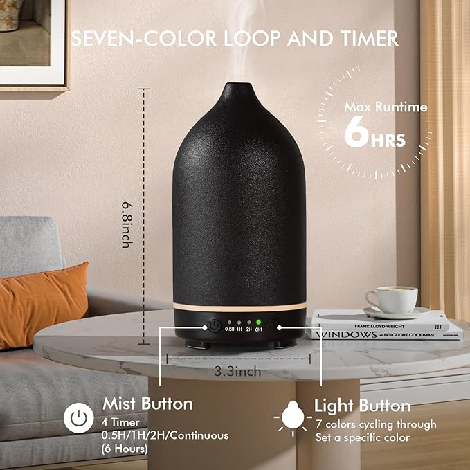 Essential Oil Diffuser Ceramic Diffuser -Aromatherapy Diffuser for Essential Oils with Timer and 7 Colors LED Light Ultrasonic Diffuser with Auto Shut-Off, Home Office Decor&Gift (Black-150ml)