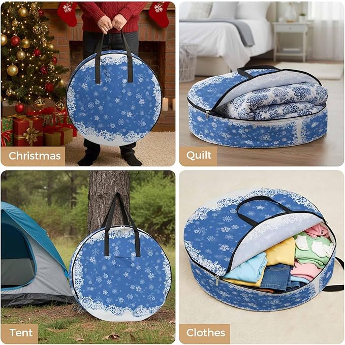 Christmas Dreamlike Round Storage Bag 24 Inch, Winter Snowflake Blue Background Clothes Storage Container with Handles Heavy Duty Organizer for Comforter, Bedding & Holiday Wreaths