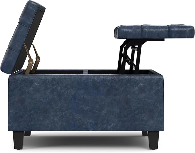 SIMPLIHOME Harrison Small Coffee Table Storage Ottoman - 30 inch Wide Upholstered Vegan Leather Square Lift-Top Ottoman in Denim Blue, Transitional Ottoman for Living Room with Hidden Storage