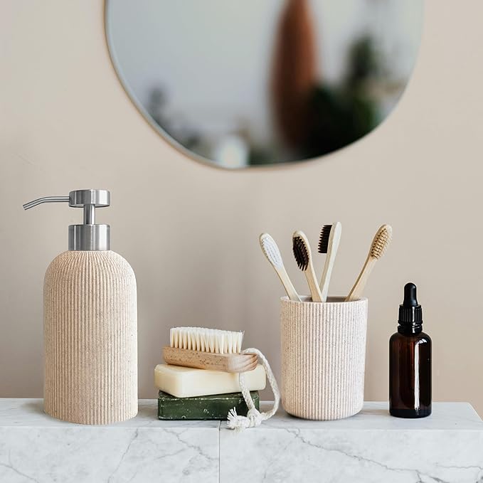 Small Sand Beige Toothbrush Holder for Bathroom Countertop, Modern Boho Aesthetic Vintage Farmhouse Organizer, Pen & Makeup Brush Holder