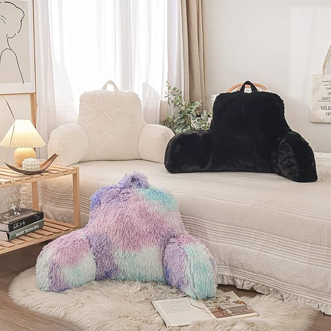 A Nice Night Faux Fur Reading Pillow Bed Wedge Large Adult Children Backrest with Arms Back Support for Sitting Up for Bedrest,Black