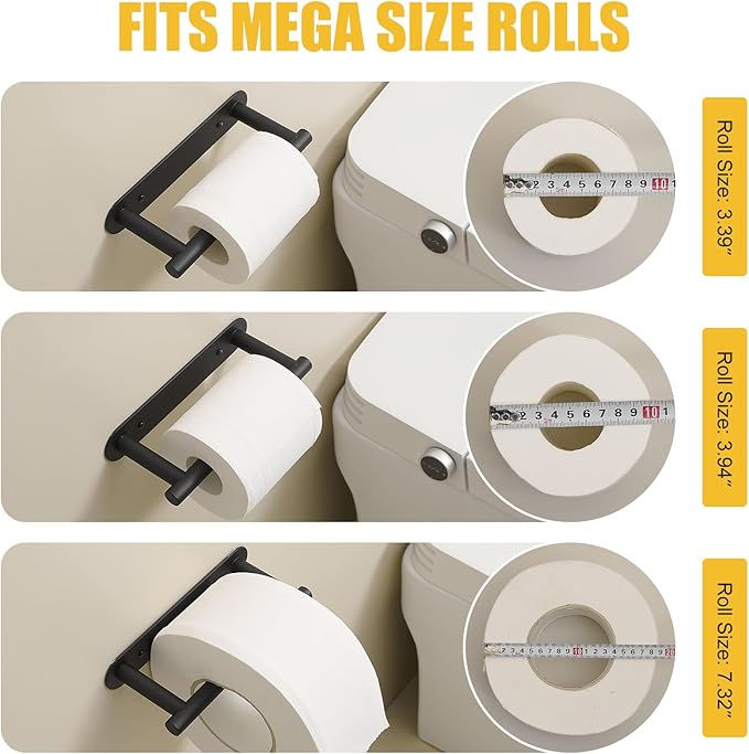 BESy Adhesive or Screw Toilet Paper Holder Wall Mount Rustproof Modern Roll Holder Flexible Pivoting Adjustable Tissue Handle with Self Adhesive or Mounted with Screws Stainless Steel Matte Black