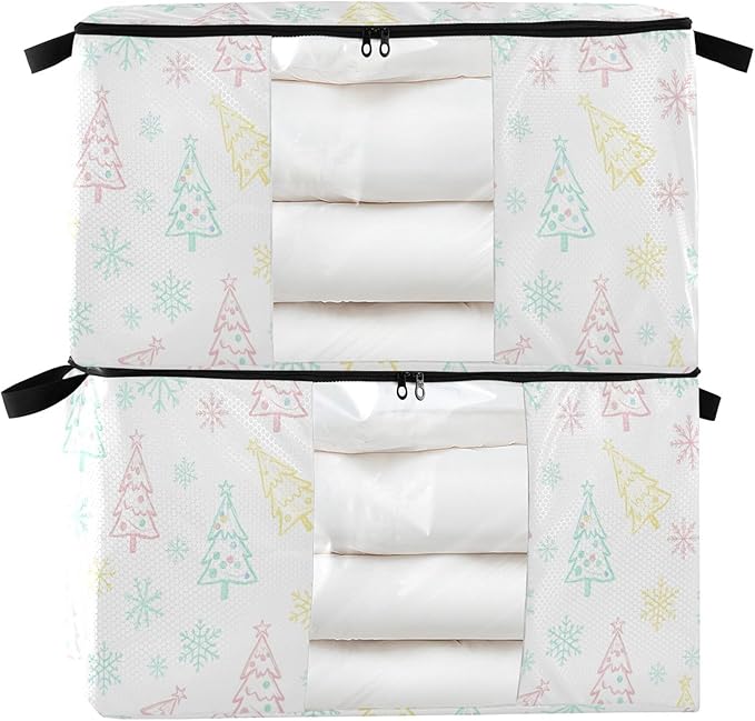 Burbuja Christmas Trees Clothes Storage Bag with Lids and Handle, 2 Pack Foldable Blanket Storage Container with Sturdy Zipper & Clear Window for Bedroom Closet, 60L